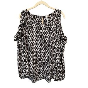 New York Blouse Top Women Size L Black/White Cold Shoulder Long Sleeve Polyester